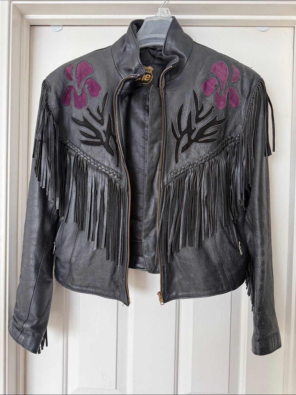 Highway One Black Motorcycle Leather Fringe Jacket with Purple Floral Accents